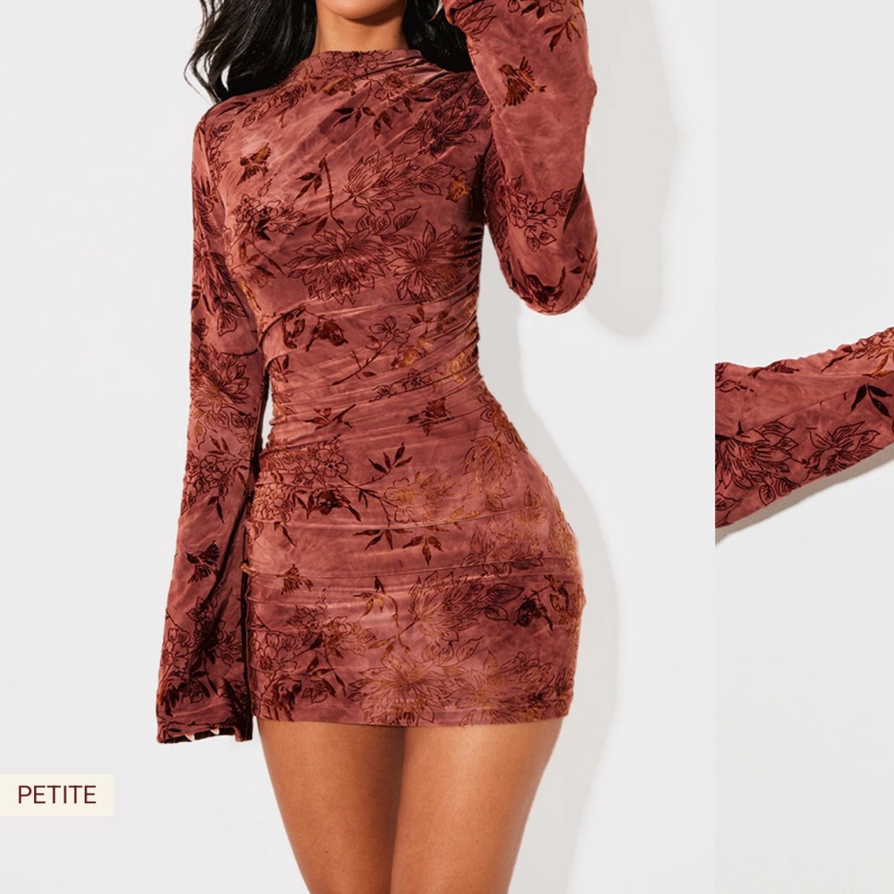 PrettyLittleThing Rust Floral Long Sleeve Dress
